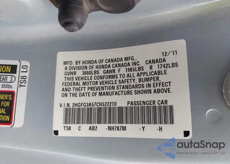 2012 Honda Civic Lx из США, поврежденный, VIN 2HGFG3A57CH522210